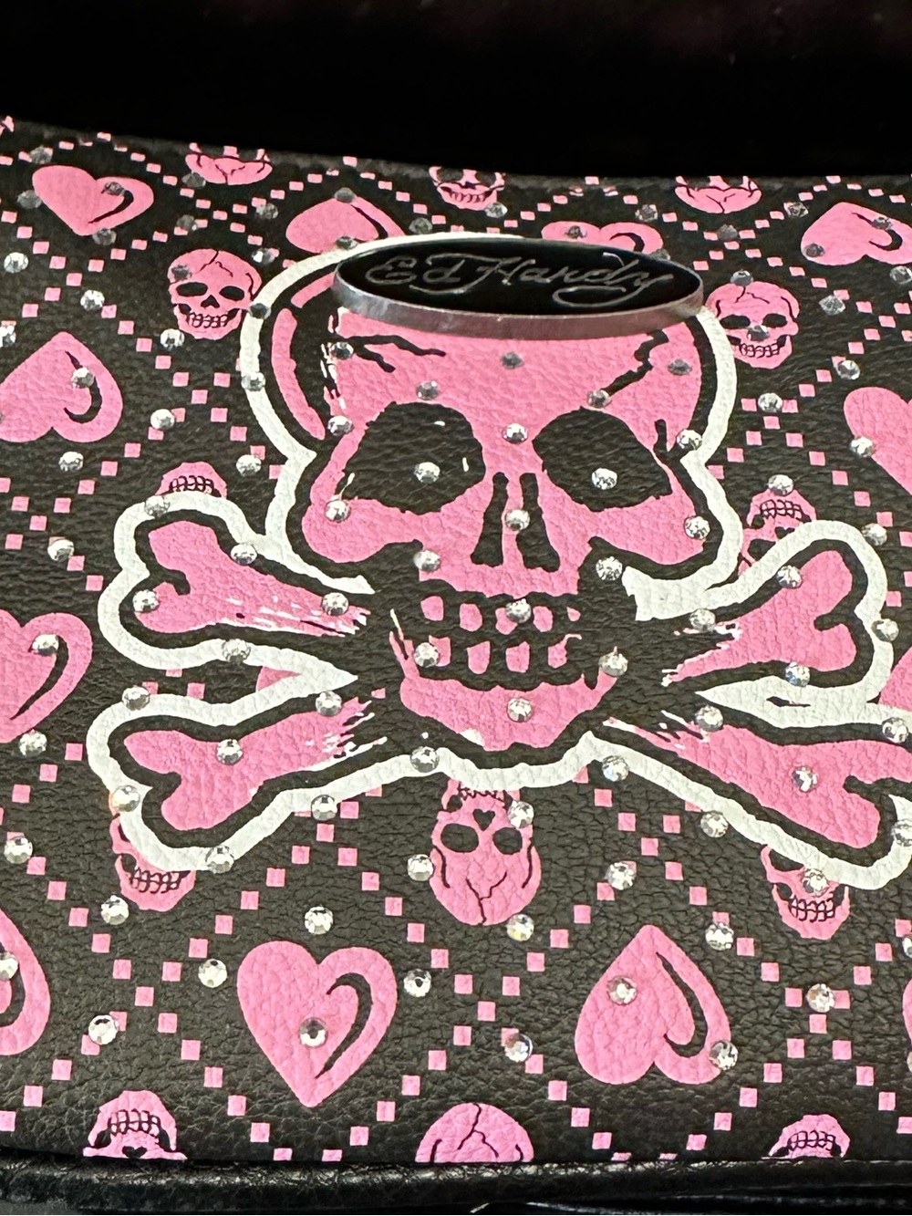 Ed Hardy Black & Pink Skull Crossbones Shoulder Bag NWT - Picture 11 of 11